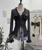 Real Shooting V Tie With Retro 2024 New Hottie Sexy Lace Splicing Pu Skin Hollow Shirt Top