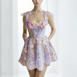 Spring 2025 New Fashion Fresh Embroidery Flower Splicing Tie High-End Slinging Short Dress
