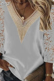 V-neck Stitching Hollow Lace Shirt Women Long Sleeve Chiffon Pullover Blouse Women Casual Lady Slim Tops Elegant