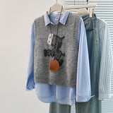 New Vest Sweet And Cute Cartoon College Style Knitted Winter Round Sweater Collar Sweater Bottom Shoulder