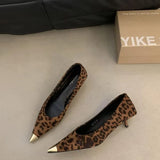 2025 New Retro Leopard-Print Metal Shallow Mouth Single Shoes French Temperament Velvet Head Tip Fine Heel High