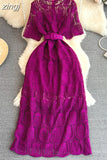Women Vintage Purple/Red/White Hollow Lace Party Maxi Dress Female Elegant Round Neck Short Sleeve Slim Robe New