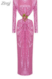 Shiny Sequins Hollow Backless Long Dress Elegant O-Neck Long Sleeve Flower Buckle Design Slim Dress Party Cocktail