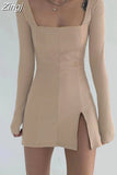 Elegant Square Neck Ribbed Black Dress Female Knitted Side Split Bodycon Dress Long Sleeve Fashion Mini Dresses