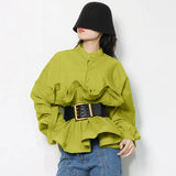 Zingj All-Match Shirt Female Spring 2024 New Standing Collar Long Sleeve Pleated Flounces Careful Machine Lace