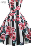 Women Summer Sleeveless Floral Print Midi Dress O Neck Retro Vintage Vestidos Robe Rockabilly