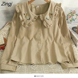 Embroidered Flowers Shirt Women Korean Peter Pan Collar Lolita Blouses Elegant Long Sleeve Single Breasted Blusas