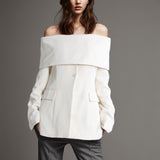 Retro Wind Autumn 2025 New One-Word Collar Long Sleeve Closed Waist Solid Color Medium Long Buckle Small Suit Jacket