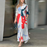 Spring And Summer Women's Fashion Casual Printing Loose Open Fork Bag Long Shirt Shirt