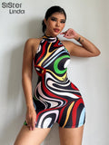 Colorful Print Halter Rompers Women 2023 Summer Sleeveless Backless Skinny Stretch Sporty Playsuits Female