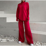 New Hot Pure Color Knitted Jacket High-Collar Sweater Set Loose Top + Pants