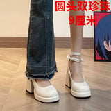 Spring And Autumn French Fairy Wind Waterproof Table Thick-Soled High-Heeled Shoes Mary Jane Shoes One-Word Buckle Coarse Heel Single