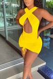 Sexy Ruched Night Party Dress 2023 Club Outfits for Women Cut Out Cross Halter Backless Summer Cute Mini Bodycon