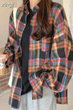 Harajuku Retro Women Oversize Plaid Shirt Spring Korean Turn Down Collar Button Long Blouse Female Long Sleeve