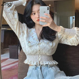 Women Autumn New Arrival Retro French Style Vintage Court Button Lace Lantern Sleeve Short Tops Party Ins Ladies