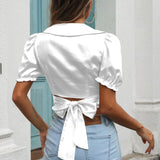 Short Shirt Women Sexy Top Satin Silk Shirt Short Sleeve V-Neck Solid Shirt Ladies Tops Casual Blusas Elegant New