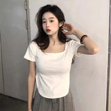 Zingj 2024 New Pure Desire Wind Big U-Collar Hot Girl Top Show Slim Slim Irregular Short-Sleeved T-Shirt Female
