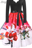 Dress Women Casual Vintage Patchwork Party New Year Santa Print Robe 50S 60S Rockabilly Swing Elegant Winter