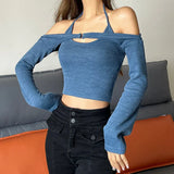 Zingj Pure Desire Wind Hot Girl Women's Sexy V Neck Hanging Neck Exposed Back Strap Vest One Word Collar Long Sleeve Vest