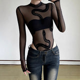 Velvet Snake-Print Sexy Perspective Mesh Yarn Laming Small Babes Half-High Collar Elastic Long-Sleeved