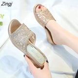 new women's slippers comfortable breathable wedge with thick bottom versatile mesh rhinestone slippers