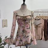 And Summer New French Style Tie Dyed Horn Long-Sleeved Lace Side Design T-Shirt