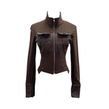 Modern Zipper Collar Spliced Pu Leather Shirt Babes Short Jacket Coat Fur Coat