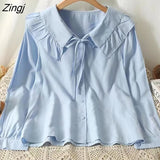 Sweet White Shirt Women Korean Lace Up Peter Pan Collar Blouses Spring Autumn Elegant Office Work Long Sleeve Ladies