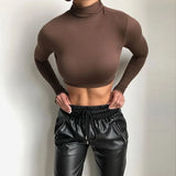 Turtleneck Long SLeeve White Sexy Crop Tops Casual Fashion T Shirts Black Women Autumn Winter Tees Brown