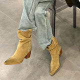 New Brown Western Cowboy Boots Women's Velvet Face Thin Folding Pile Boots V Mouth Thick And Medium Cylinder Short