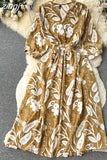 Women Vintage Printed Dress Elegant V-Neck Puff Sleeve High Waist A-Line Midi Robe Female Vacation Beach Vestidos