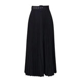 High Waist Pleated Long Skirt With Belt- Outfit
