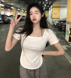 Zingj 2024 New Pure Desire Wind Big U-Collar Hot Girl Top Show Slim Slim Irregular Short-Sleeved T-Shirt Female