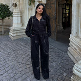 Push Branch Print Hooded Jacket Set Black And White Optional Loose Version Of Ultra-Comfortable Fashion
