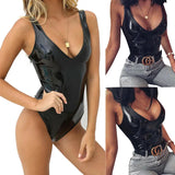 Zingj Ladies PVC Bright Leather Onesie Sexy Zipper Open Strap Leather Vest Size