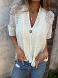 New Women's Spring And Autumn Women's Style Buckle In The Sleeve Hollow Knitted Shirt