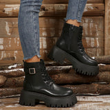 Front With Side Zippered Women's Boots Thick-Bottomed Belt Buckle Fashion Women's Boots Low-Clinular Round Head Black Martin