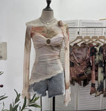 Real Shooting Lace Splicing Oblique Shoulder Thin Tie-Dye Mesh T-Shirt Girl T-Shirt T-Shirt Shawl T-Shirt