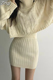 Winter Loose Elegant Outfit Highneck Cropped Pullover Sweater and Elastic Waist Mini Skirt Slim Warm Knitting 2 Piece