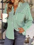 Oversized Basic Cardigan Stripe Shirts Women Blouses Casual Chic Top Spring 2023 Loose Pocket Green Shirts For