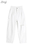 Hollow Ripped Hole High Waist Jeans For Women Summer 2023 Korean Ins Style White Loose Casual Ladies Wide Leg Denim