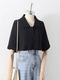 Design Double Turn Down Collar Women White Shirts Short Sleeve Summer Button Up OL Shirts Korean Casual Chiffon Female