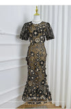 High-End Elegant Heavy Industry Flower Embroidery Round Collar Lantern Sleeves To Close The Waist Slim Slimmed Fishtail Dress