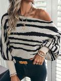 Autumn And Winter Sweater Women Loose Knitted Zebra Pattern One-Word Shoulder Bat Sleeve