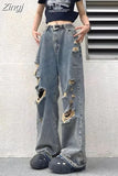 Summer Ankle Length Pants Wide Leg Hole Jeans Straight Denim Pockets American Vintage High Street Pantalones