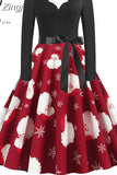 Women Vintage Long Sleeve Christmas Dress Winter Swing Elegant Lacework Party Dress Robe Casual Black Print New
