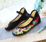 Zingj Dragon] Retro Embroidery Dragon Grain Shallow Mouth Plate Buckle Low Heel Canvas Embroidered Cloth Shoes Women's Single