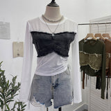 Vintage Spice Girls Stomee Net Yarn Sexy Perspective Drawstring Long-Sleeved T-Shirt Top