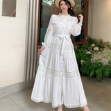 Wooden Ear Collar Buckle Tie With Long Hollow Lace Splicing French Bubble Sleeve