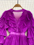 Vintage Women Cascading Ruffle Party Dress Elegant V-Neck Flare Long Sleeve High Waist A-Line Mini Vestidos Female